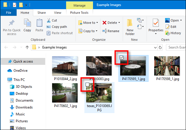 Exemplo de caixas de seleção no Windows 10 File Explorer