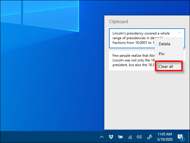 Clique em limpar tudo no histórico da área de transferência no Windows 10