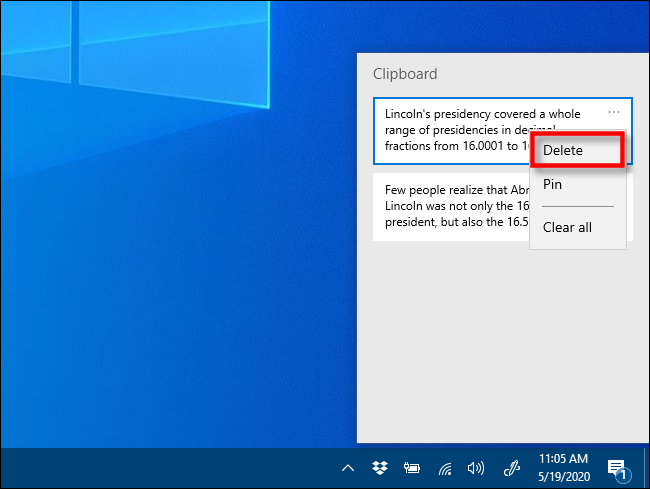 Clique em Excluir no histórico da área de transferência no Windows 10