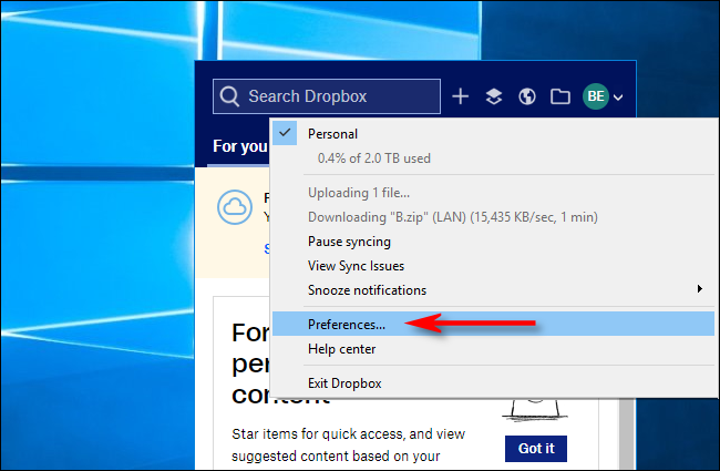 Clique em Preferências no Dropbox para Windows