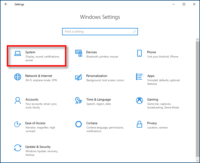 Clique em Sistema em Configurações no Windows 10