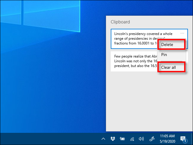 Clique em Excluir ou Limpar tudo no histórico da área de transferência para remover itens do Windows 10