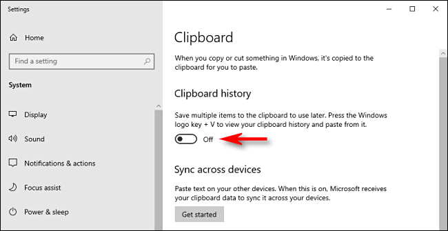 Clique no botão de histórico da área de transferência nas configurações do sistema do Windows 10 para desligá-lo