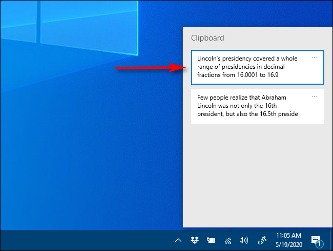 Clique no item que deseja colar na lista de histórico da área de transferência no Windows 10.