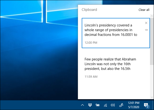A janela de histórico da área de transferência no Windows 10