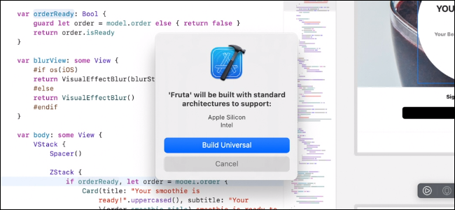 A opção "Build Universal" para compilar um aplicativo Mac para ARM no Xcode.