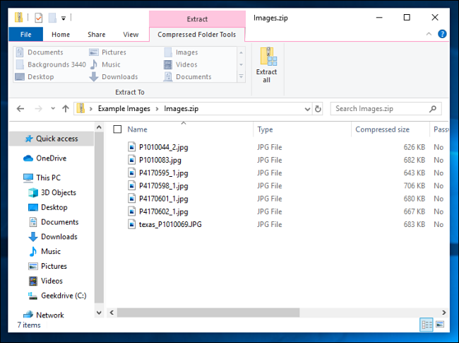 Uma lista de arquivos compactados no Windows 10.