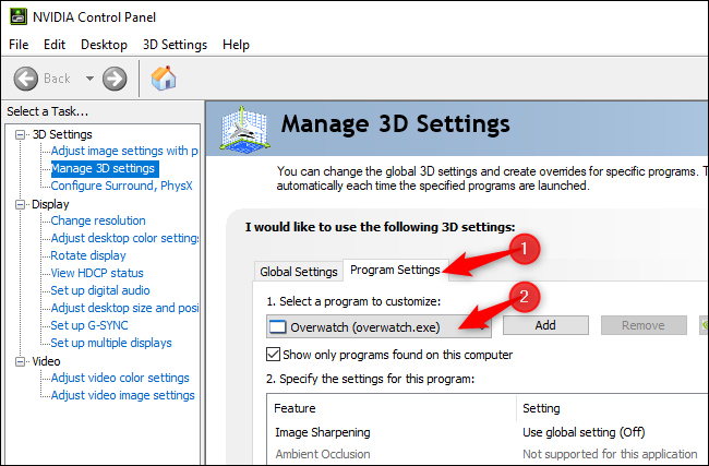 Gerenciar configurações 3D para um jogo individual no Painel de controle NVIDIA.