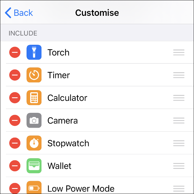 O menu "Personalizar" no Centro de Controle do iOS.