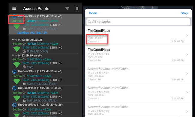 Analisador de Wi-Fi Android e utilitários de aeroporto iOS mostrando a intensidade do sinal de Wi-Fi