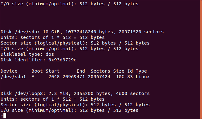 saída do fdisk em uma janela de terminal