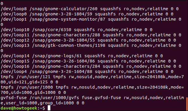 saída de cat / proc / mounts em uma janela de terminal