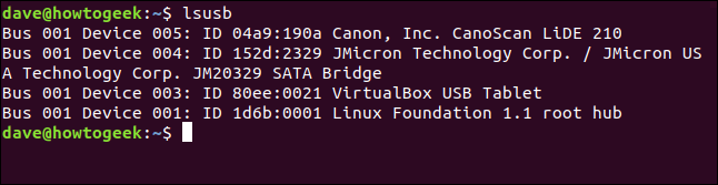 Dispositivos USB listados em uma janela de terminal