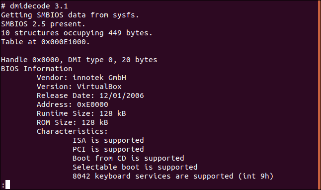 Saída dmidecode em uma janela de terminal