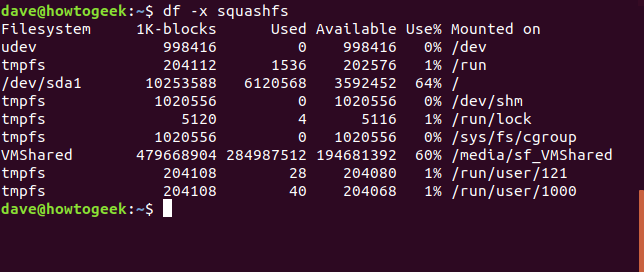 Saída do comando df com opções df -x squashfs