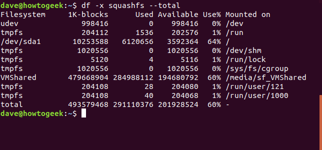 Saída do comando df com opções df -x squashfs --total