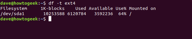 Saída do comando df com opções df -t ext4