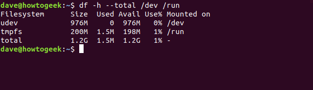 Saída do comando df com opções df -h --total / dev / run