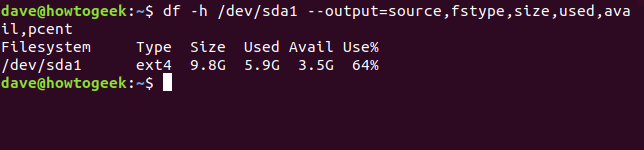 Saída do comando df com df -h / dev / sda1 --output = source, fstype, size, used, avail, pcent options