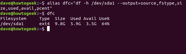 Criando um alias com o alias de comando dfc = "df -h / dev / sda1 --output = source, fstype, size, used, avail, pcent"