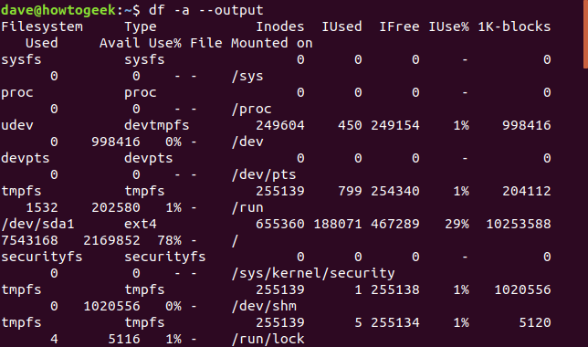 Saída do comando df com as opções -a e --output