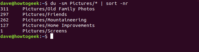 Saída do comando du com o comando -sm Pictures / *!  sort -nr options