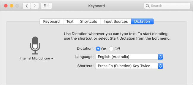 As configurações de "Ditado" no menu "Teclado". 