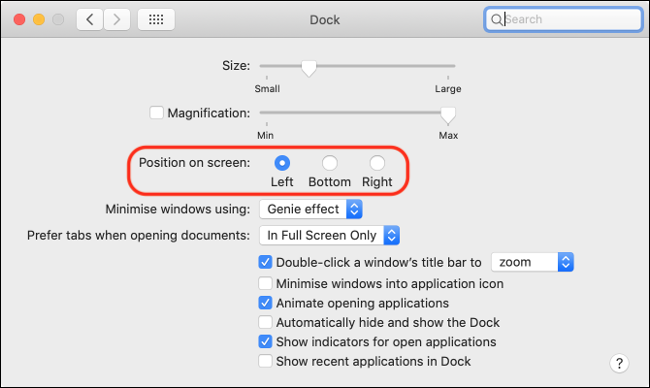 Alinhamento e preferências do dock do macOS