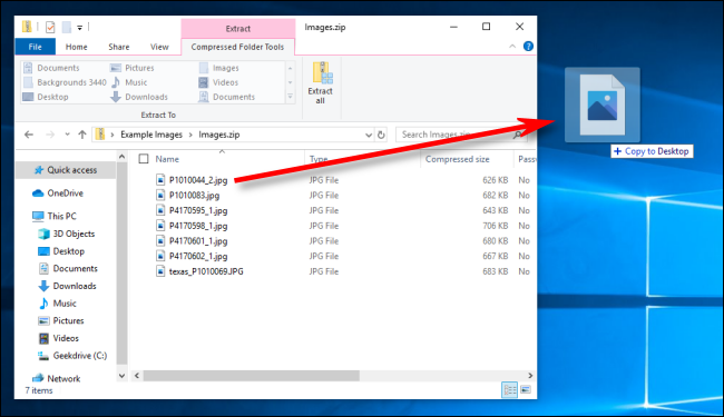 Arrastando um arquivo de um arquivo Zip no Windows 10.