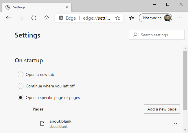 Removendo about: blank das novas páginas de inicialização do Microsoft Edge