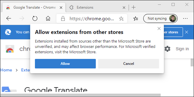 Aviso de Edge sobre a Chrome Web Store