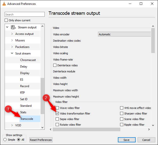 Ativando a opção de transformação de vídeo em Transcode nas preferências avançadas do VLC.