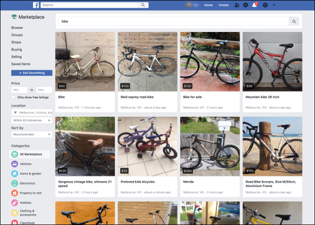 Pesquisando bicicletas no Facebook Marketplace