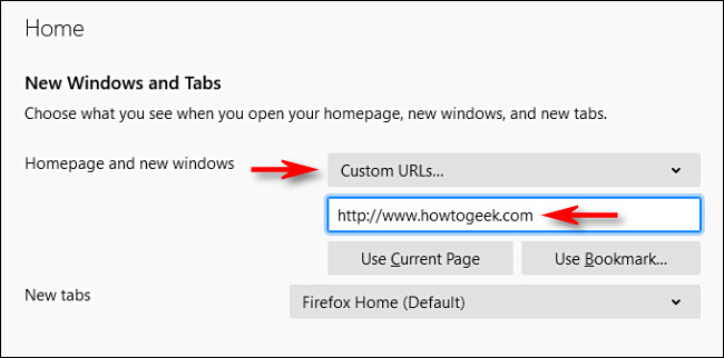 Nas opções do Firefox, insira um URL da página inicial personalizada.