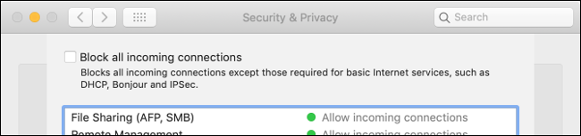 A caixa de seleção "Bloquear todas as conexões de entrada" no painel "Segurança e privacidade". 