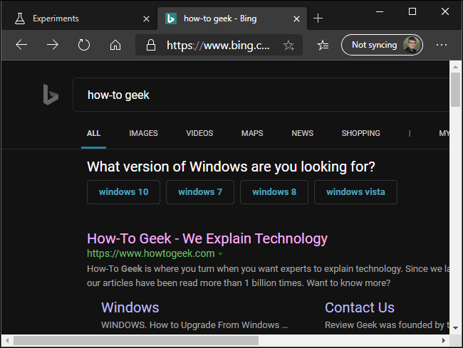 Forçando o modo escuro no Bing no novo navegador Edge da Microsoft.