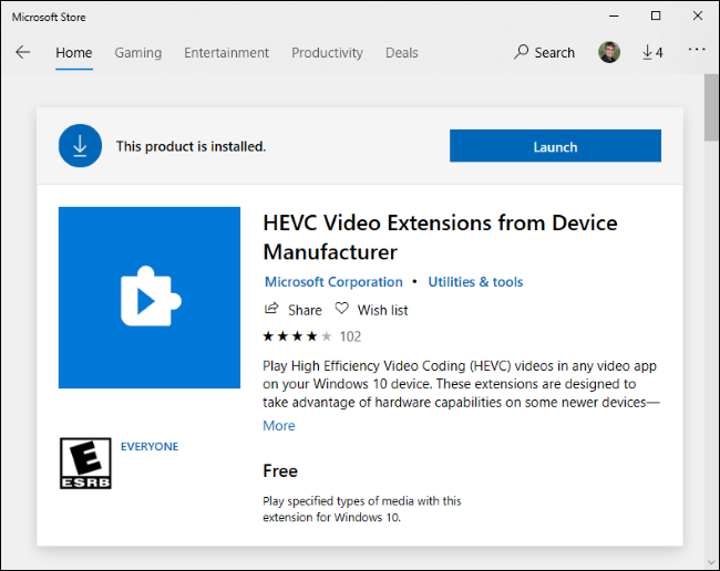 Extensões de vídeo HEVC gratuitas na Microsoft Store.