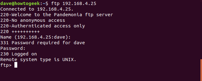 logado em uma conta ftp em uma janela de terminal