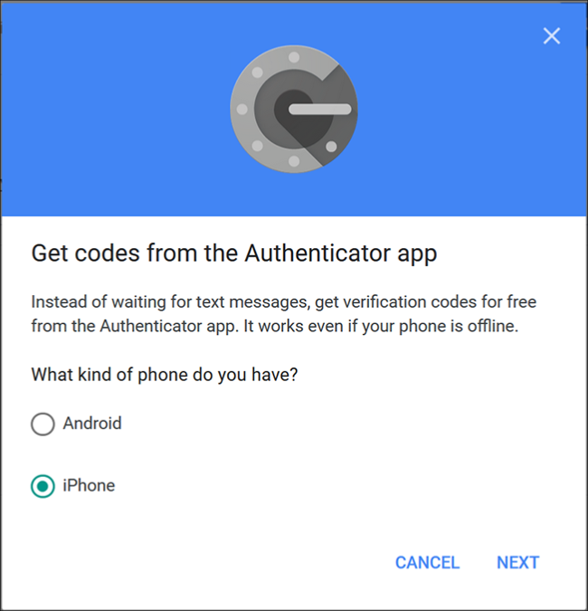 A tela do Google Authenticator onde você escolhe "Android" ou 'iPhone ".