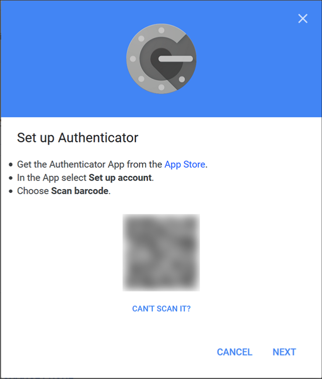 A tela do Google Authenticator onde você lê o código QR usando o aplicativo do seu telefone.