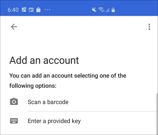 A tela do aplicativo Google Authenticator em um telefone, onde você toca em "Ler um código de barras".
