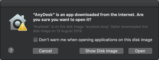 Um alerta do macOS GateKeeper perguntando se você tem certeza de que deseja abrir um aplicativo de terceiros.