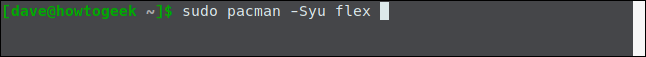 "sudo pacman -Syu flex" em uma janela de terminal.