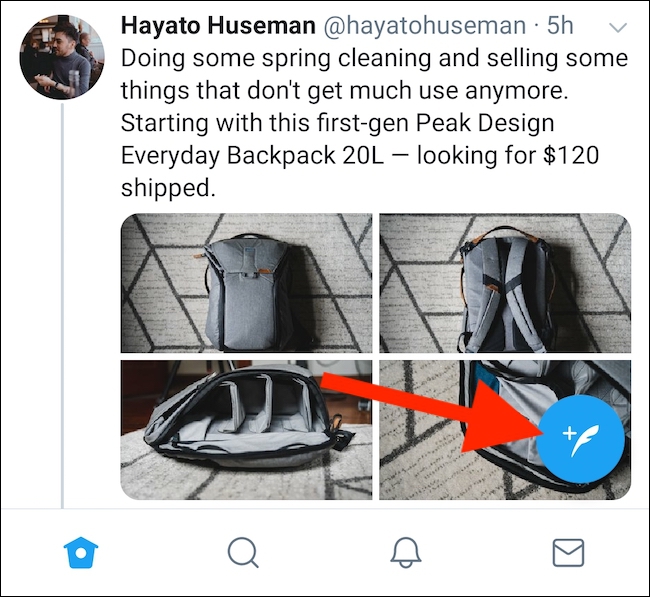 Volte para a tela inicial do Twitter e toque no botão Tweet Compose