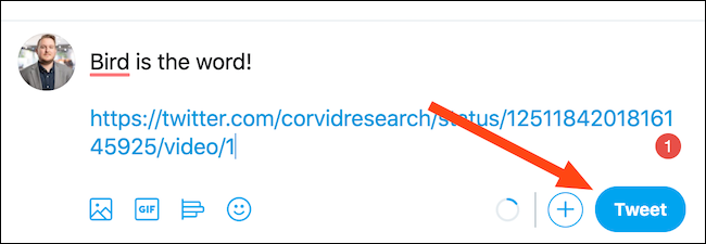 Volte para a página inicial do Twitter, escreva um tweet no topo da tela, cole o URL, adicione "/ video / 1" e clique no botão "Tweet"