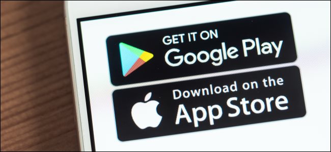 Logotipos do Google Play e da Apple App Store em uma tela de smartphone.