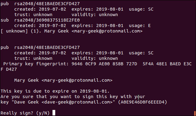 confirmação de assinatura de chave gpg em uma janela de terminal
