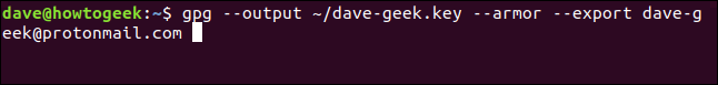 gpg --output ~ / dave-geek.key --armor --export dave-geek@protonmail.com em uma janela de terminal