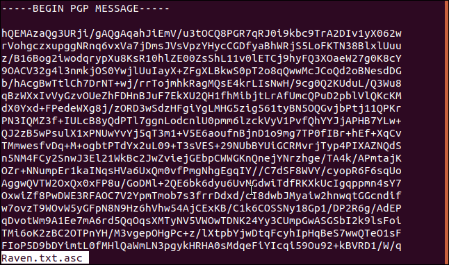 Conteúdo criptografado de raven.txt.asc em uma janela de terminal