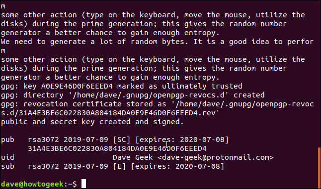 Geração de chave gpg concluída em uma janela de terminal